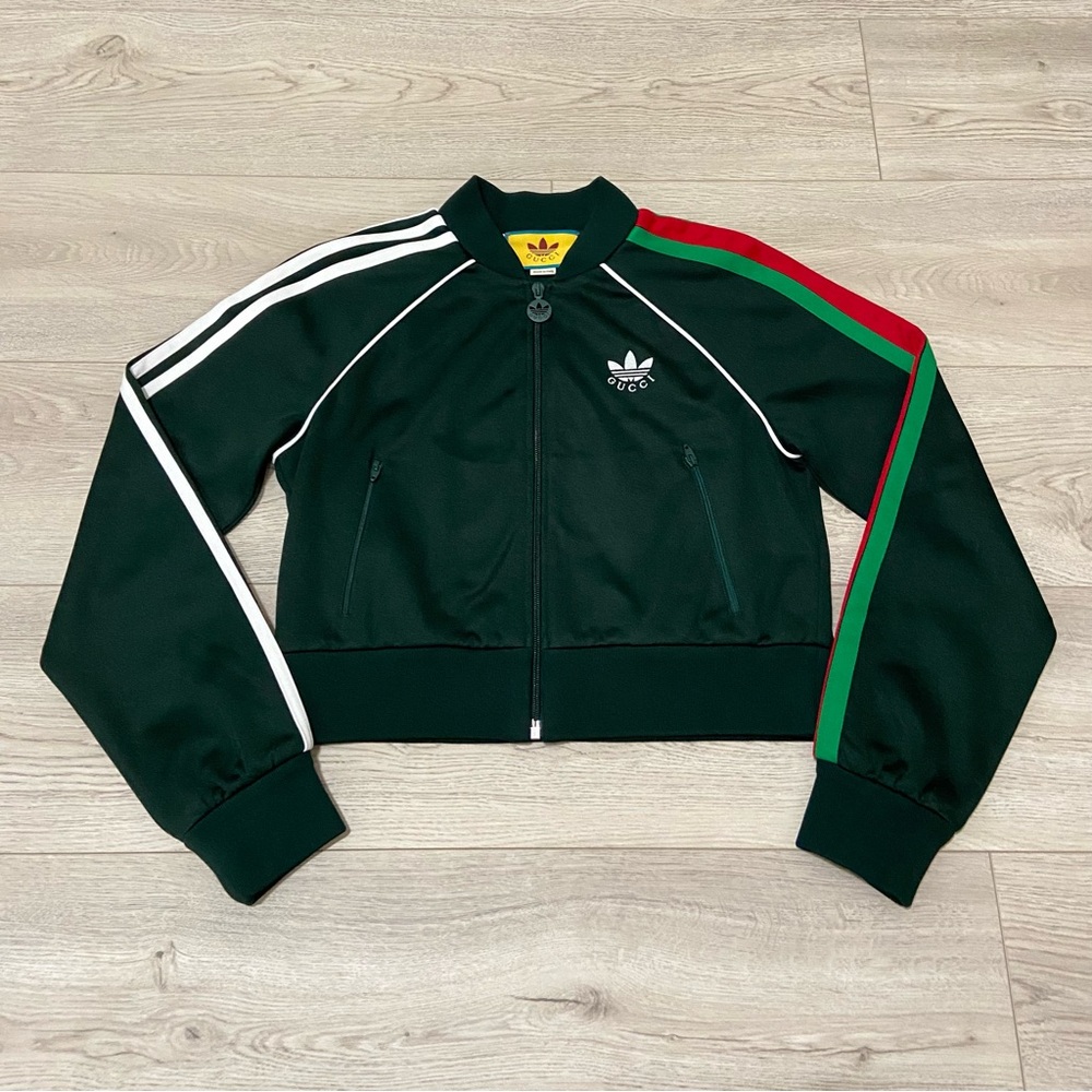 Gucci X Adidas Green Cropped Zip Jacket with Stripes
